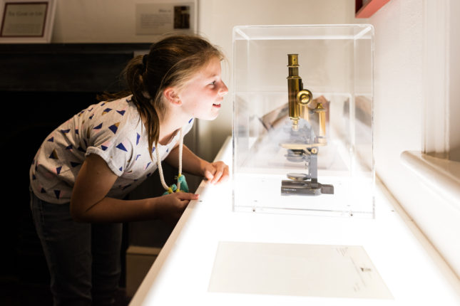 Young child peering at a microscope in a case