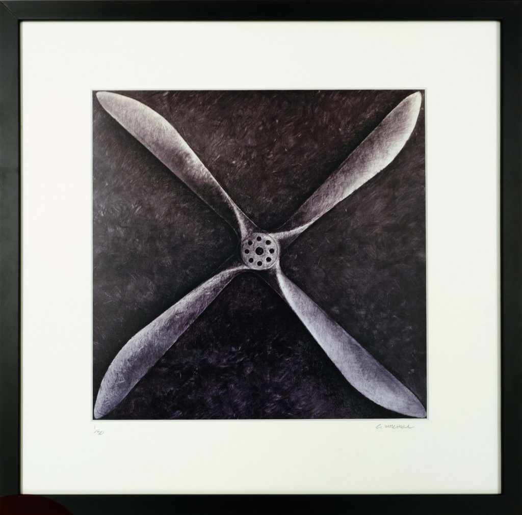 An image of a limited edition framed photograph of an original Gregg Mitchell artowrk of a propellor from the Smith Brothers Vickers Vimy aircraft