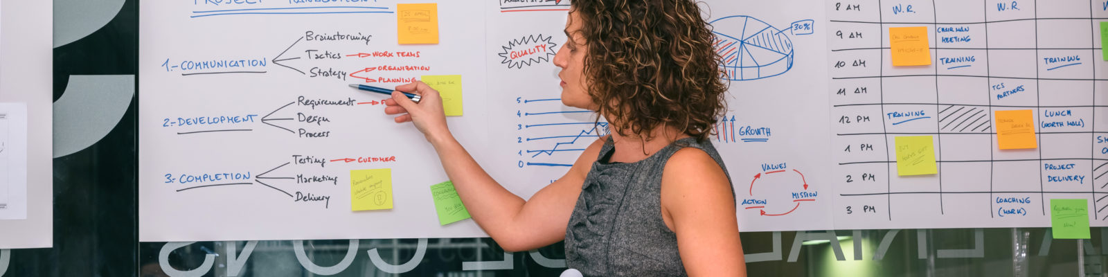 Woman standing at flow chart on large paper with sticky notes.