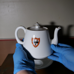 Two hands with blue gloves holding a small teapot