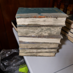 stack of books with mould covering front edges