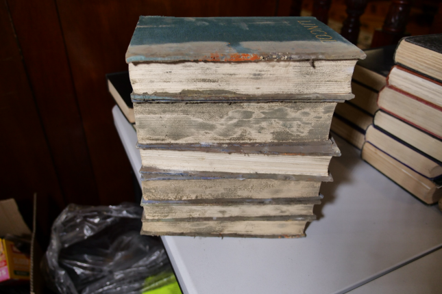 stack of books with mould covering front edges