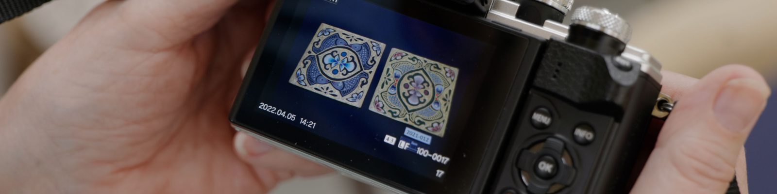 Digital camera being held up to show two embroideries on the screen